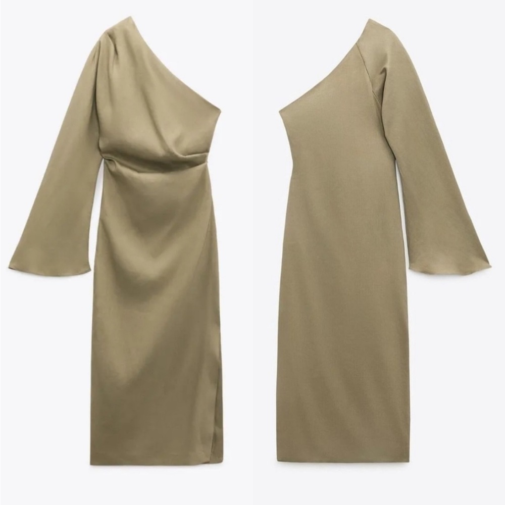 Zara Linen Khaki Green One shoulder dress! Brand New With Tags!! - Picture 4 of 5